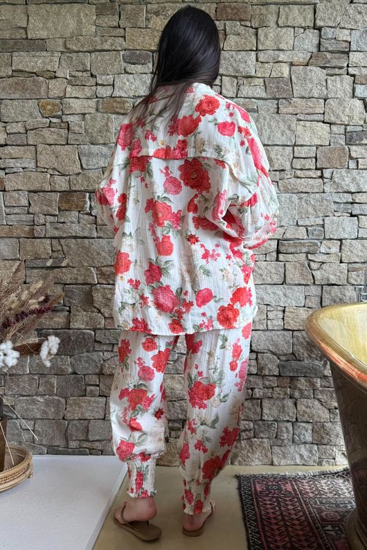 Daughter Of Ibiza Cabbage Rose Balloon Sleeve Shirt Scarlet 